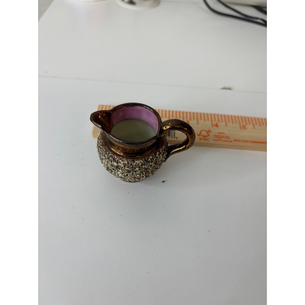 Vintage Miniature Ceramic Pitcher Textured Sand Glaze Copper Luster Tiny Creamer